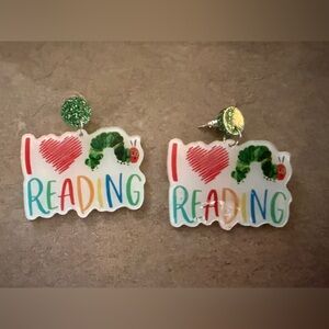 Colorful 'I Love Reading' Eric Carle Hungry Caterpillar bookish earrings